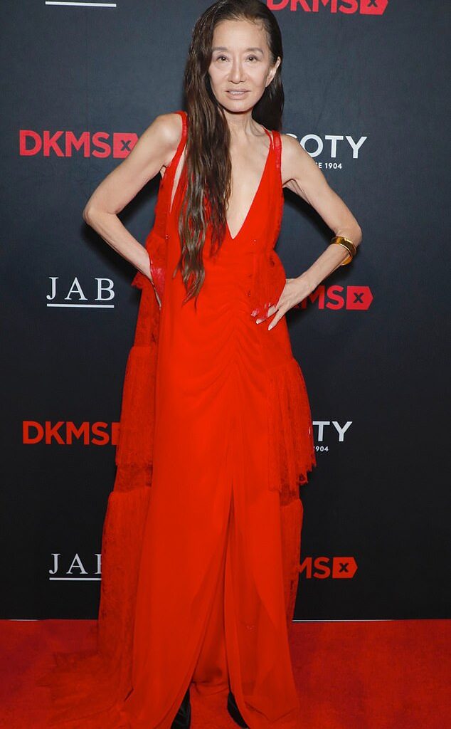 Vera Wang looked youthful as she went make-up free and donned a plunging bright red lace gown at the DKMS Gala in New York on Tuesday