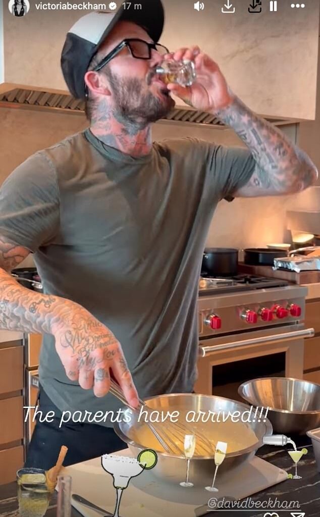 David Beckham poked fun at wife Victoria's lack of cooking skills as he swigged shots while single-handedly preparing the family's Sunday lunch this week