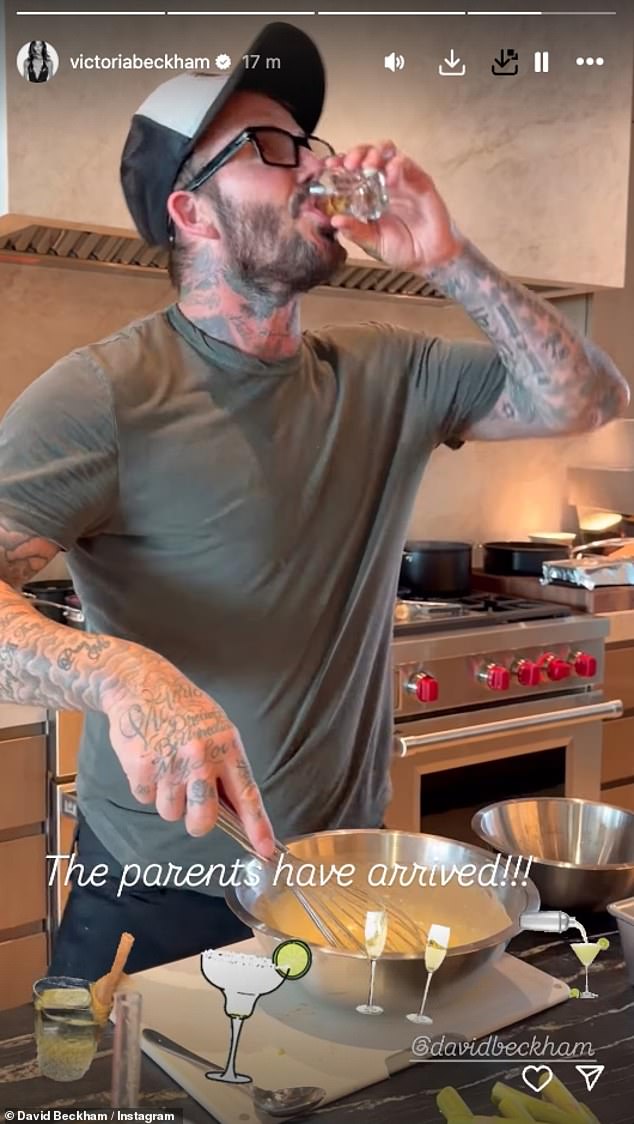 David Beckham poked fun at wife Victoria's lack of cooking skills as he swigged shots while single-handedly preparing the family's Sunday lunch this week