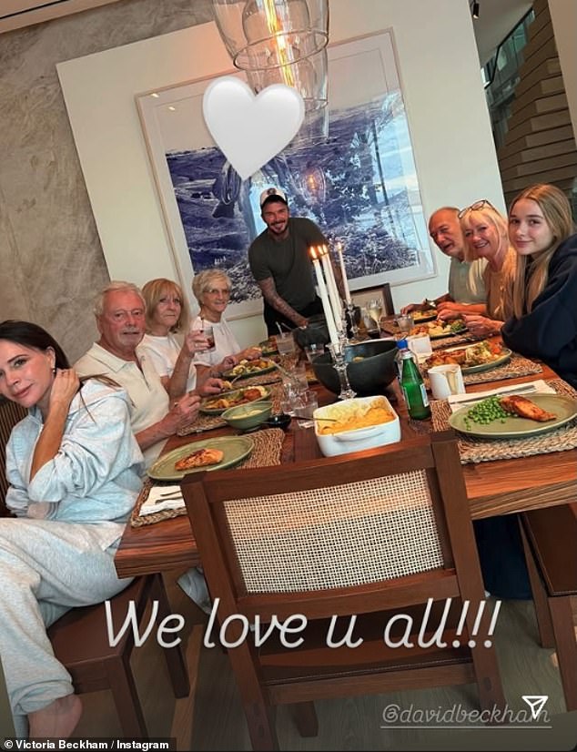 Taking to her Instagram Stories Posh, 51, shared a clip of the former footballer, 50, as he whipped up a banquet for their visiting parents (pictured)