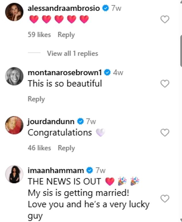 The couple were congratulated by fellow models Iman Hammam, Alessandra Ambrosio and Jourdan Dunn