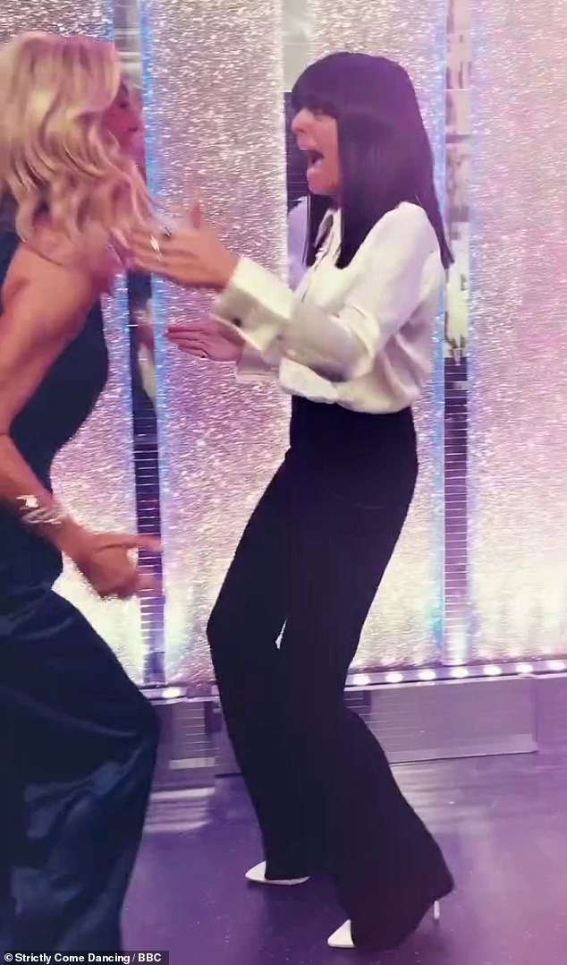 The pair cut a glamarous display for the episode as Tess stepped out in a blue satin jumpsuit while Claudia wore a white shirt and flared trousers