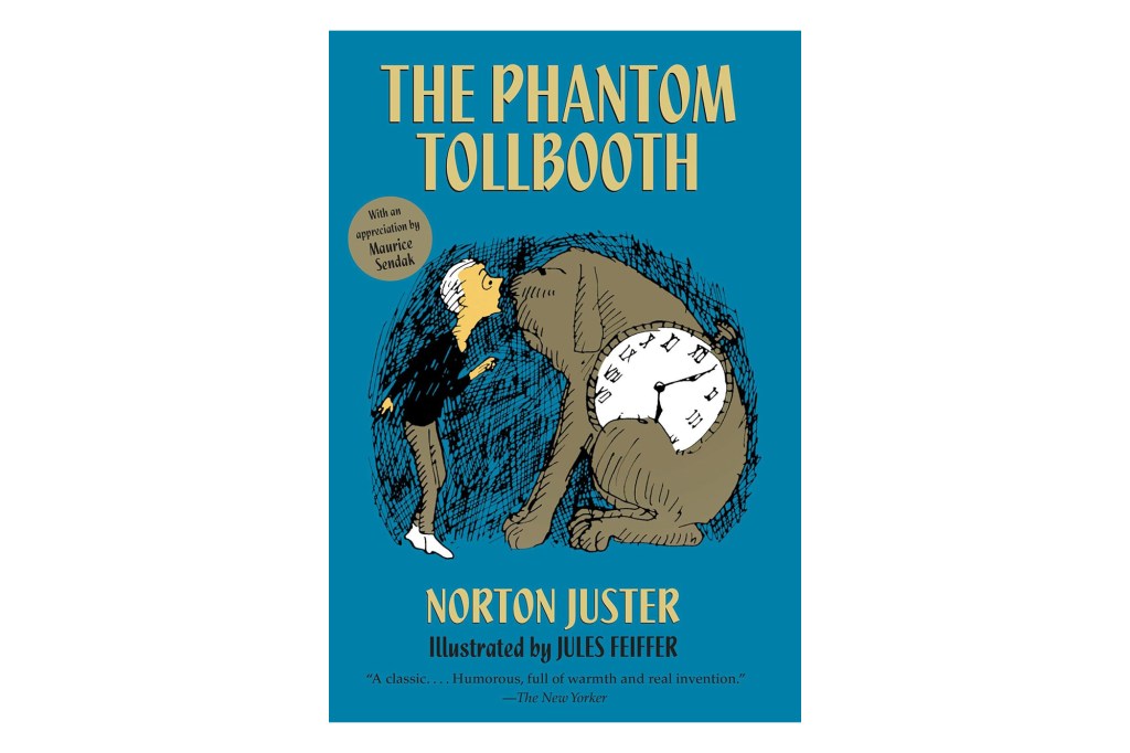 Illustration of the book cover for "The Phantom Tollbooth" by Norton Juster, showing a young boy next to a large dog with a clock for a body, against a blue background.
