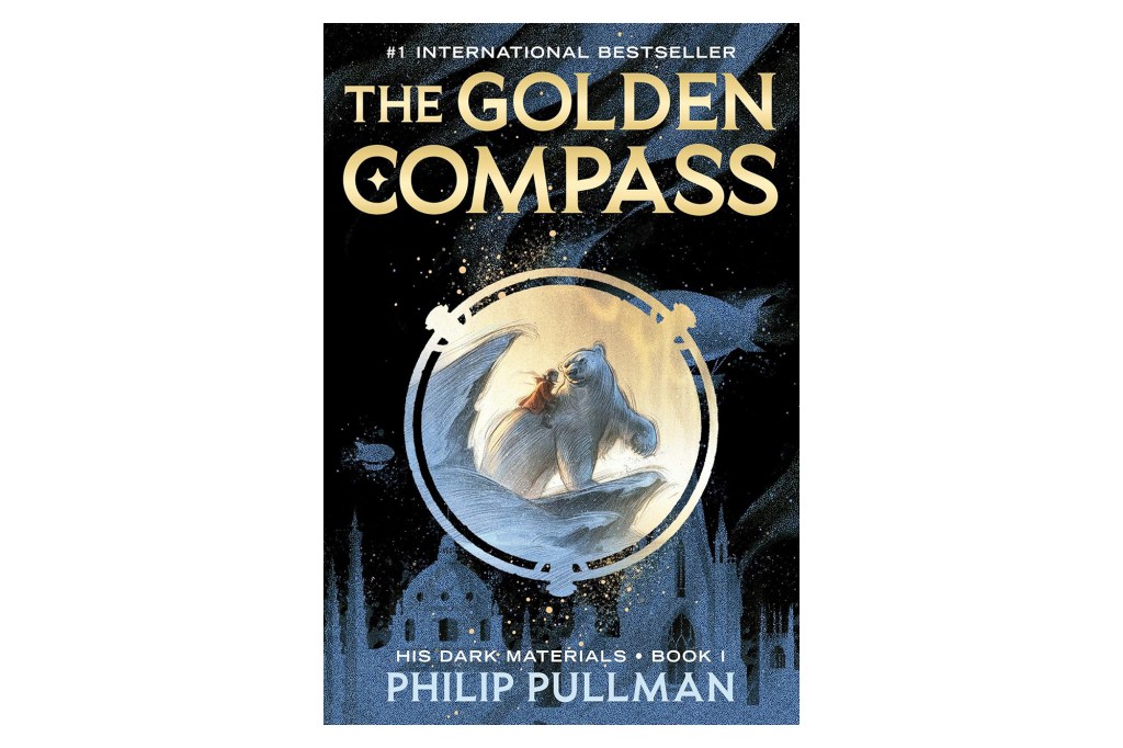 Illustration of The Golden Compass book cover with a girl on a polar bear.