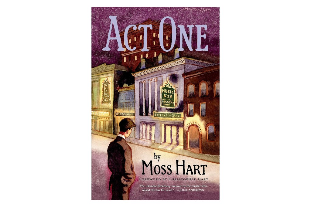 Illustration of a man in a hat and suit walking away from the viewer, looking at a street of theater buildings.