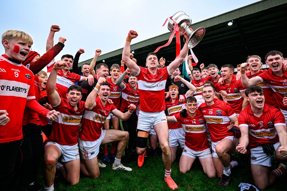 Dingle captain Paul Geaney and teammates celebrate with the Bishop Moynihan cup after the Kerry County Senior Club Football Championship final at Austin Stack Park. Photo: Brendan Moran/Sportsfile
