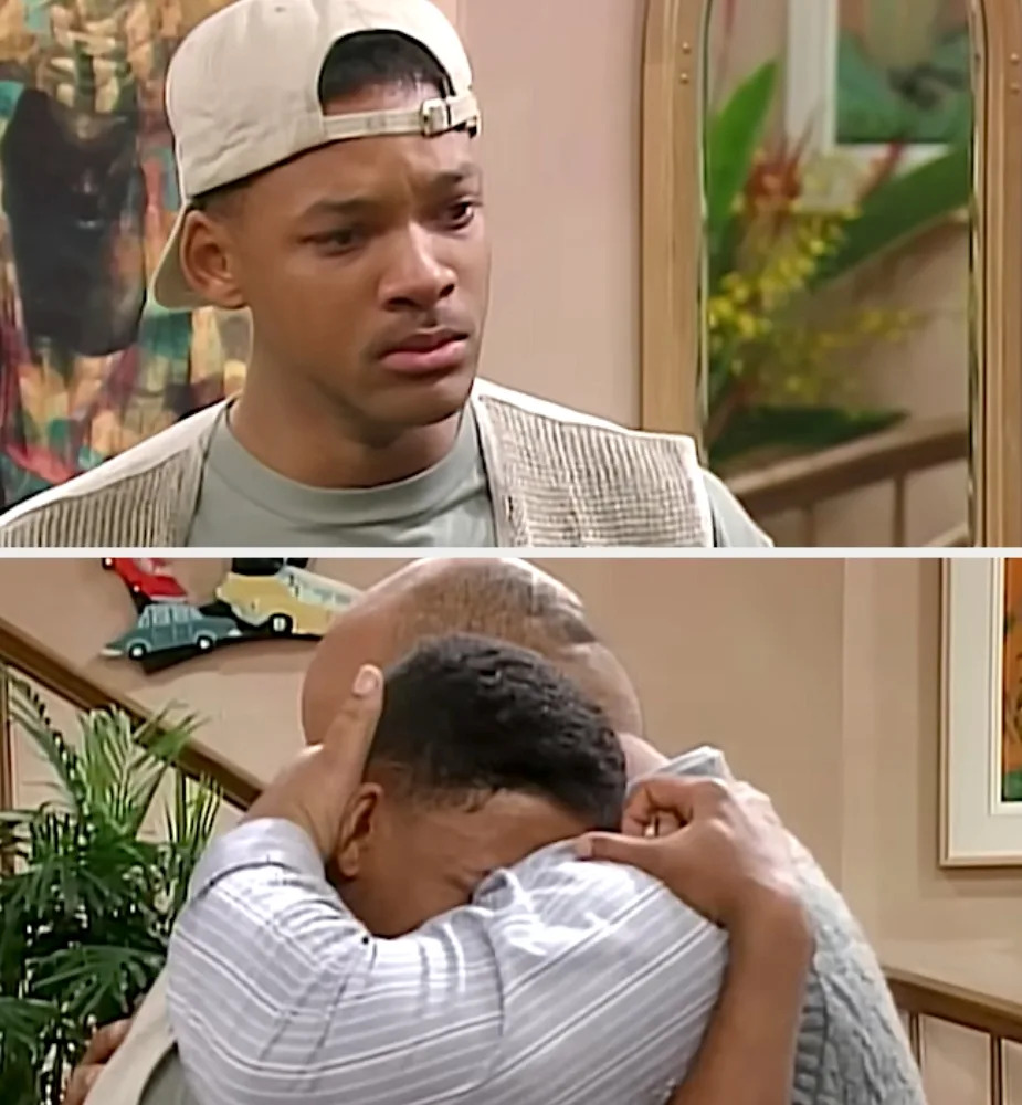 A young man in casual clothing looks emotional in a living room; later, he hugs an older man, conveying comfort and support