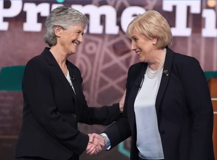 The photo of Catherine Connolly and Heather Humphreys shown on Jimmy Kimmel Live. Photo: Jimmy Kimmel Live.