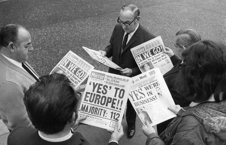 Euro News 1971:  City workers studying newspapers about UK entry to Europe's common market