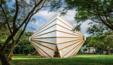 three angular canopies echo traditional oil-paper umbrellas in cheng tsung feng's installation