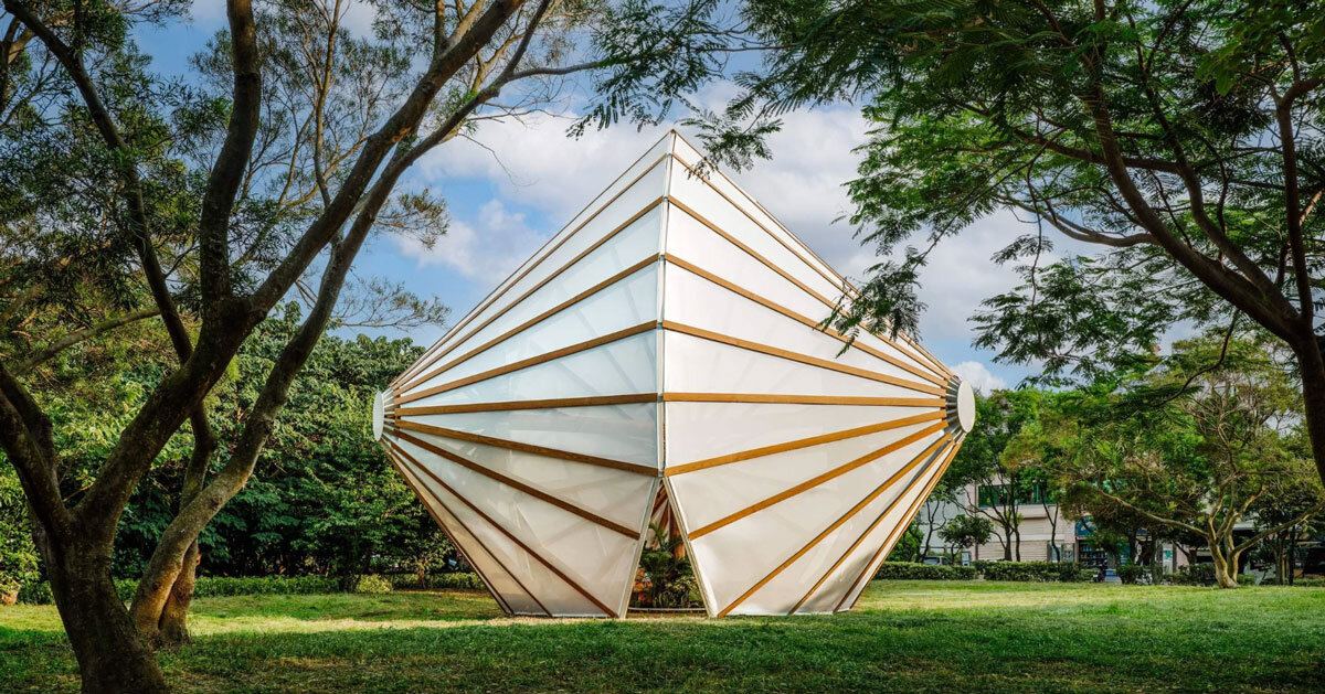 three angular canopies echo traditional oil-paper umbrellas in cheng tsung feng's installation