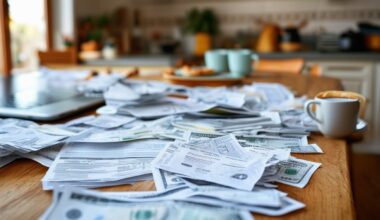 The photo shows a person sitting at a kitchen table covered with receipts and bills, looking contemplative. In the background, there is a cluttered countertop with coffee mugs and a laptop. The scene is captured from a slightly elevated angle using a wide-angle lens to show the person surrounded by financial documents, emphasizing the theme of budgeting and cutting down on spending.