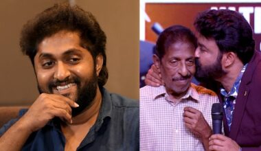 Dhyan Sreenivasan(L), Sreenivasan, and Mohanlal at the Mazhavail Entertainment Awards 2022. Photo: Manorama News.
