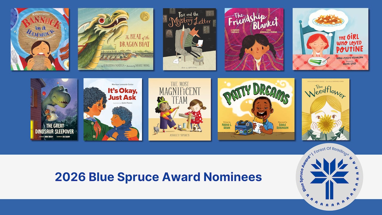 A composite image featuring ten children's book covers on a blue background.