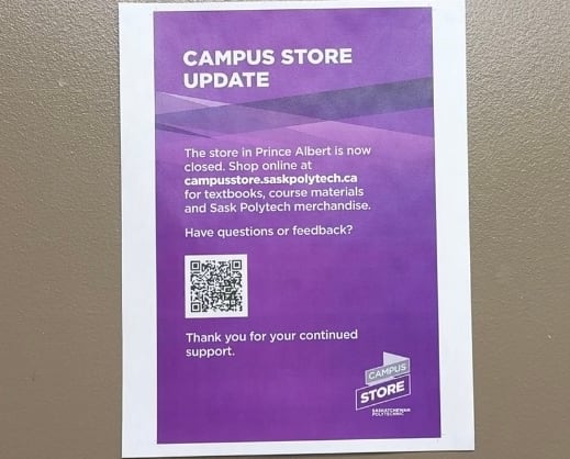 A white and purple poster details the closure of a campus store. 