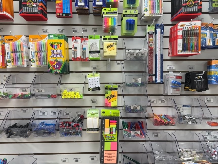 A wall of stationary in a book store.