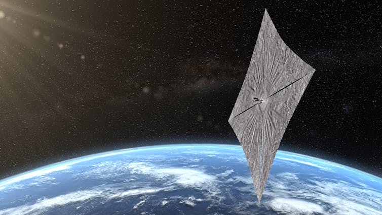 Earth in space, with a large square foil reflector floating above it in orbit.