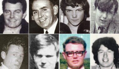 Bloody Sunday victims (top, l-r) Patrick Doherty, Bernard McGuigan, John "Jackie" Duddy and Gerald Donaghey, (bottom l-r) Gerard McKinney, Jim Wray, William McKinney and John Young