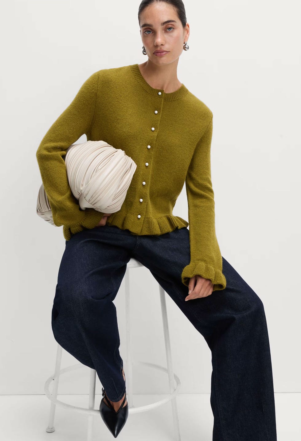 Textured Frill Detail Cardigan with Wool - Chartreuse