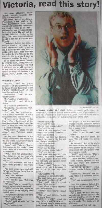 A newspaper article cut out with a photo of a man with his hands by his cheeks. The headline reads "Victoria, read this story!"