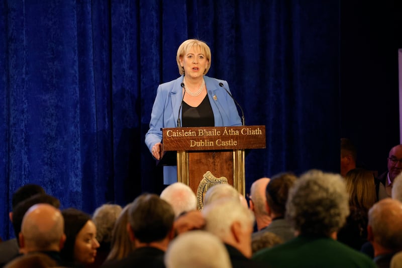 Heather Humphreys  speaking on stage at Dublin Castle during the announcement of the result of the presidential election. Photograph: Alan Betson/The Irish Times

