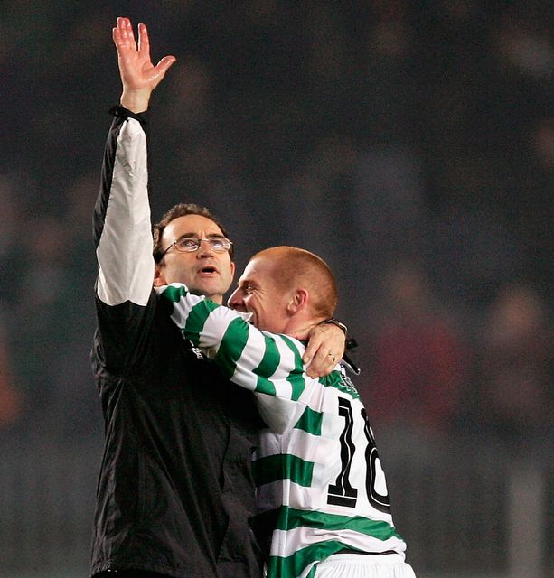 Martin O'Neill hugs Neil Lennon after a Champions League game with Barcelona in 2004, during his first spell in charge of Celtic