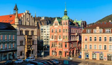 Charming european town square with colorful historic buildings and blue sky. March 16, 2025, Decin, Czech Republic