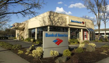 A view of the exterior facade of a Bank of America branch, showcasing its signage and architecture.
