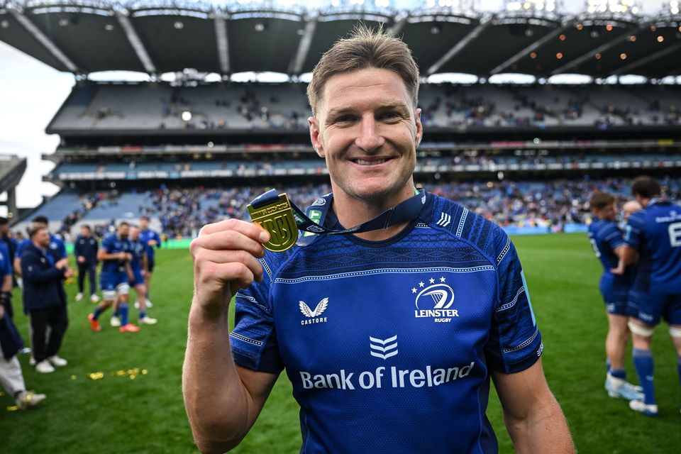 All Black Jordie Barrett of Leinster with his winner's medal after the URC Grand Final win over the Bulls at Croke Park last June. Photo: David Fitzgerald/Sportsfile