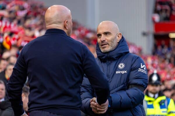 LIVERPOOL, ENGLAND - Saturday, October 19, 2024: Liverpool's head coach Arne Slot (L) and Chelsea's head coach Enzo Maresca before the FA Premier League match between Liverpool FC and Chelsea FC at Anfield. Liverpool won 2-1. (Photo by David Rawcliffe/Propaganda)