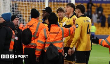 Jorgen Strand Larsen speaks to fans at the final whistle.