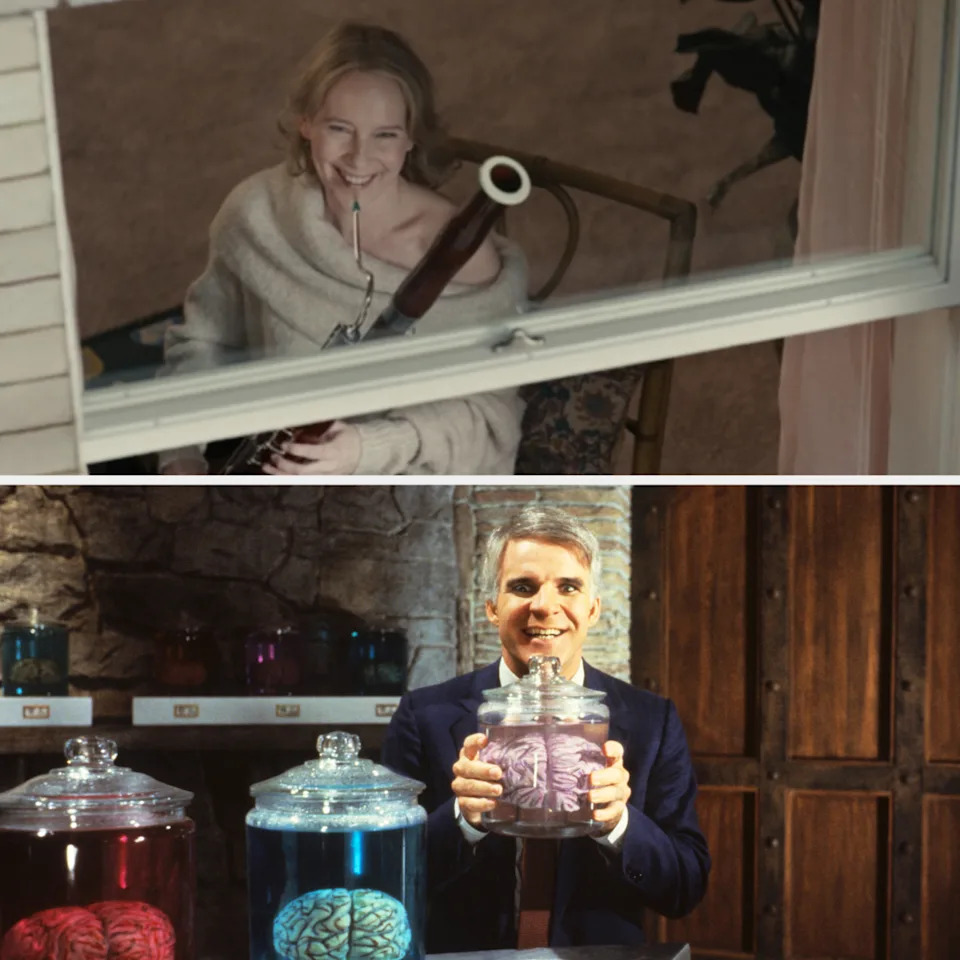 Laurie Anderson plays an oboe by a window in "Home of the Brave." Steve Martin holds a brain in a jar in "The Man with Two Brains."