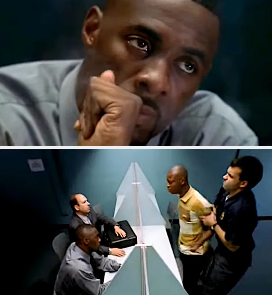 Two scenes: A thoughtful man with his hand on his chin; a tense interrogation in progress between officers and another man