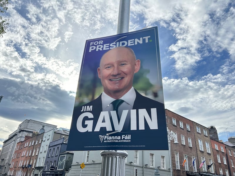 Posters for Fianna Fail presidential candidate Jim Gavin still hanging outside Leinster House, Dublin, on Monday Photo: Cillian Sherlock/PA Wire 