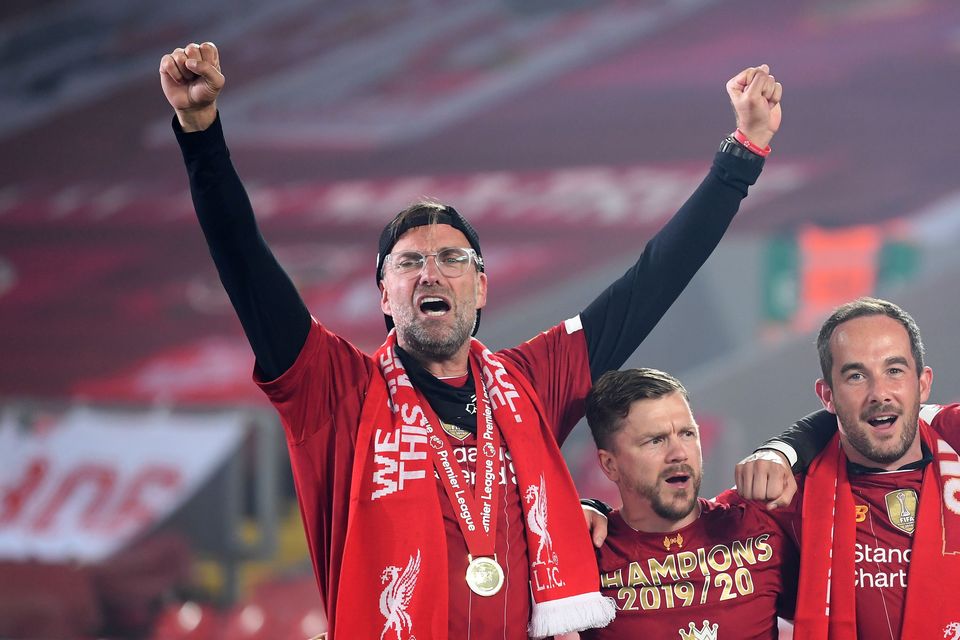 Jurgen Klopp during Liverpool's trophy presentation in 2020. Photo: Getty