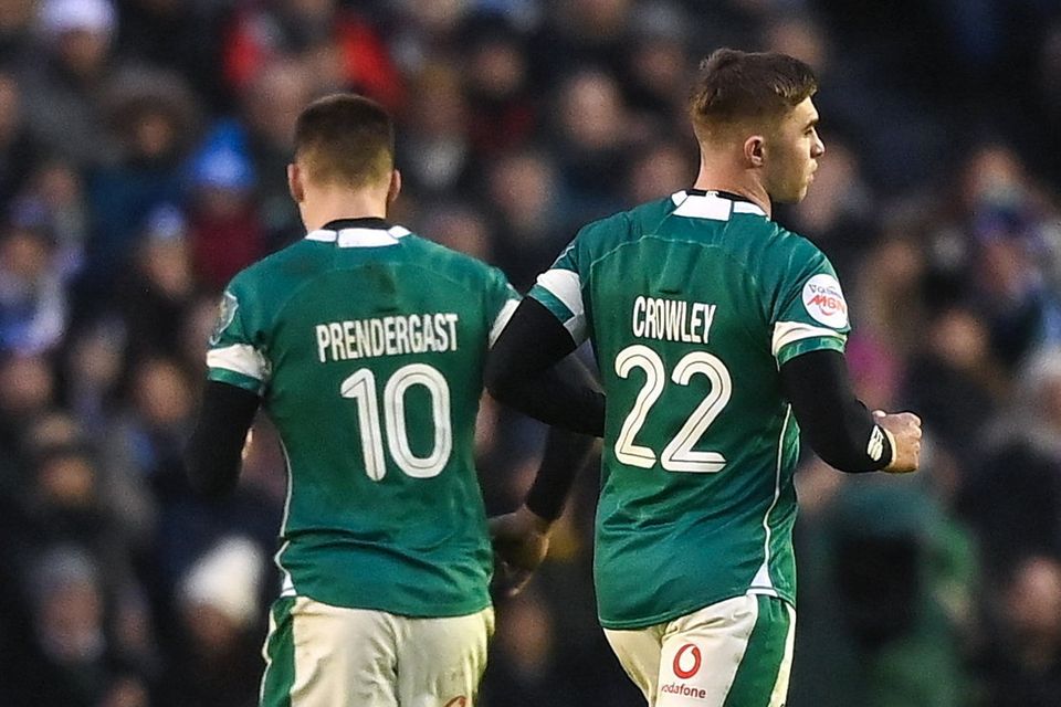 Jack Crowley and Sam Prendergast of Ireland will go head to head at Croke Park this Saturday. Photo by David Fitzgerald/Sportsfile