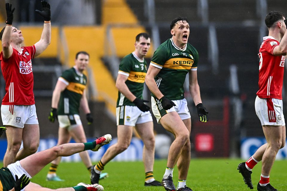 Kerry and Cork players battle it out during the Munster SFC semi-final in Páirc Uí Chaoimh last April. Photo: Piaras Ó Mídheach/Sportsfile