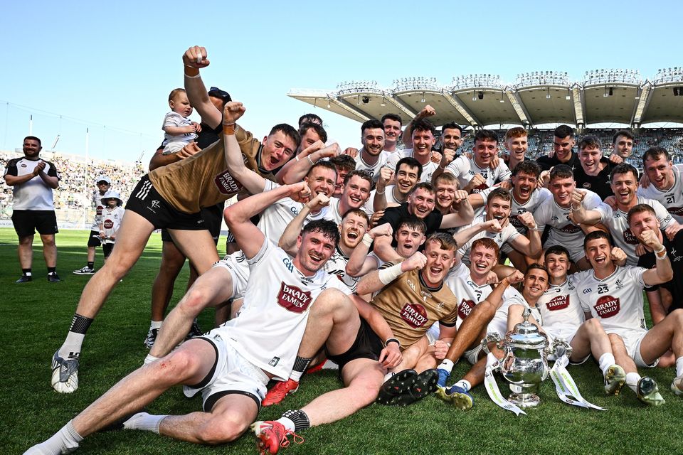 Kildare players and staff celebrate after their 2025 Tailteann Cup final win over Limerick at Croke Park