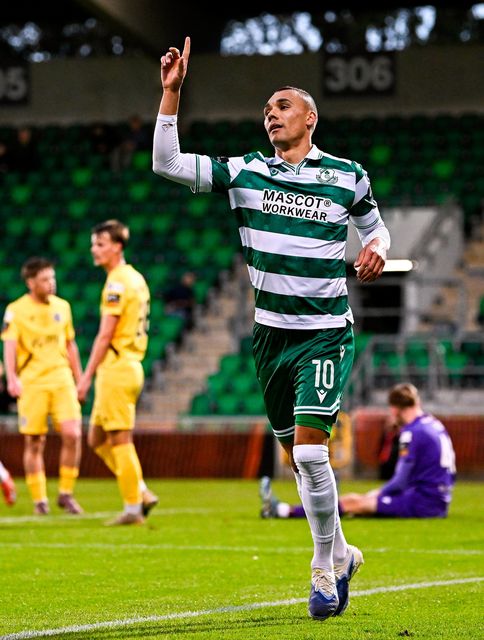Graham Burke celebrates after scoring Shamrock Rovers' opening goal. Photo: Seb Daly/Sportsfile
