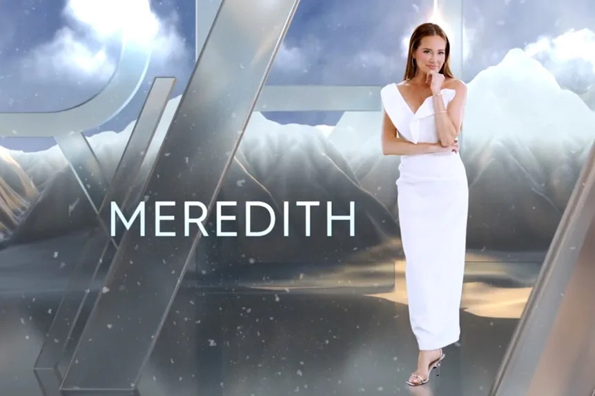 Meredith Marks wearing a white dress in front of a mountain and cloud graphic