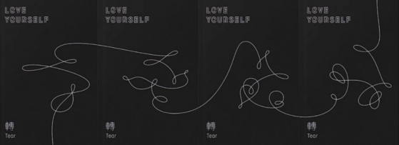 Four different album covers of BTS's "Love Yourself: Tear" (2018) put together to form a complete artwork [SCREEN CAPTURE]