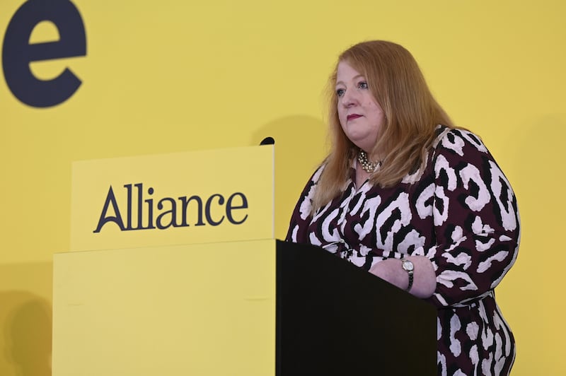 Alliance Party leader Naomi Long delivering her keynote address at the party’s annual conference