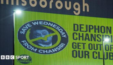 An image of former Sheffield Wednesday owner Dejphon Chansiri projected onto the side of Hillsborough by fans calling for him to go