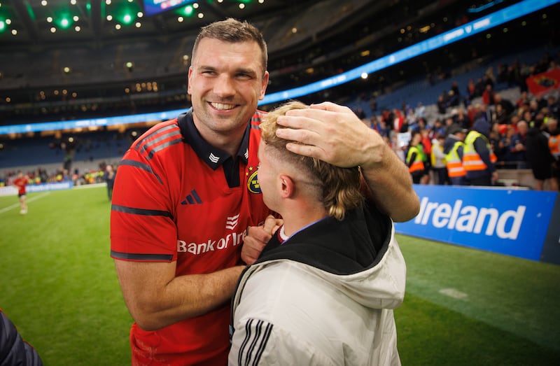 Munster's Tadhg Beirne and Craig Casey celebrate after defeating Leinster at Croke Park. Photograph: Tom Maher/Inpho
