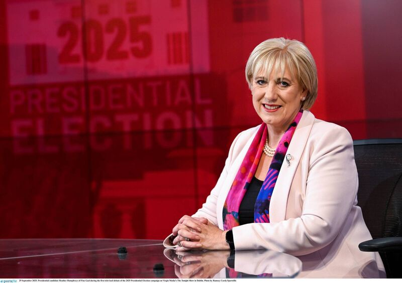 Presidential candidate Heather Humphreys of Fine Gael during the first televised debate of the 2025 Presidential Election campaign on Virgin Media's The Tonight Show in Dublin. Photo by Ramsey Cardy/Sportsfile 
