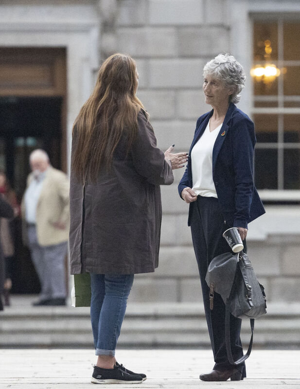 
                        SF Spokesperson on Social Protection, Rural and Community Development: Louise O’Reilly TD and President of Ireland Candidate Catherine Connolly speak on the plinth, Leinster House. Photo: SAM BOAL/Collins Photos