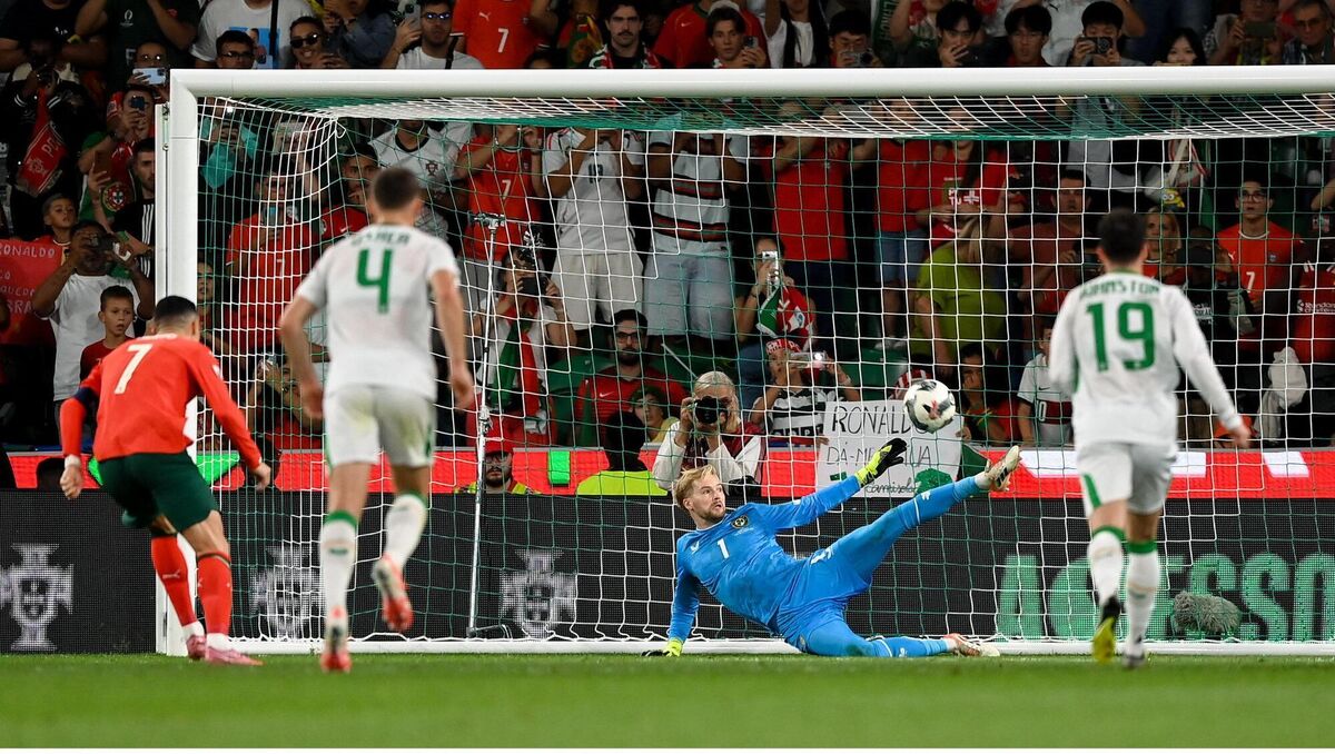 SUPER KEEPER: Republic of Ireland goalkeeper Caoimhin Kelleher saves the penalty of Cristiano Ronaldo. Pic: Stephen McCarthy/Sportsfile.