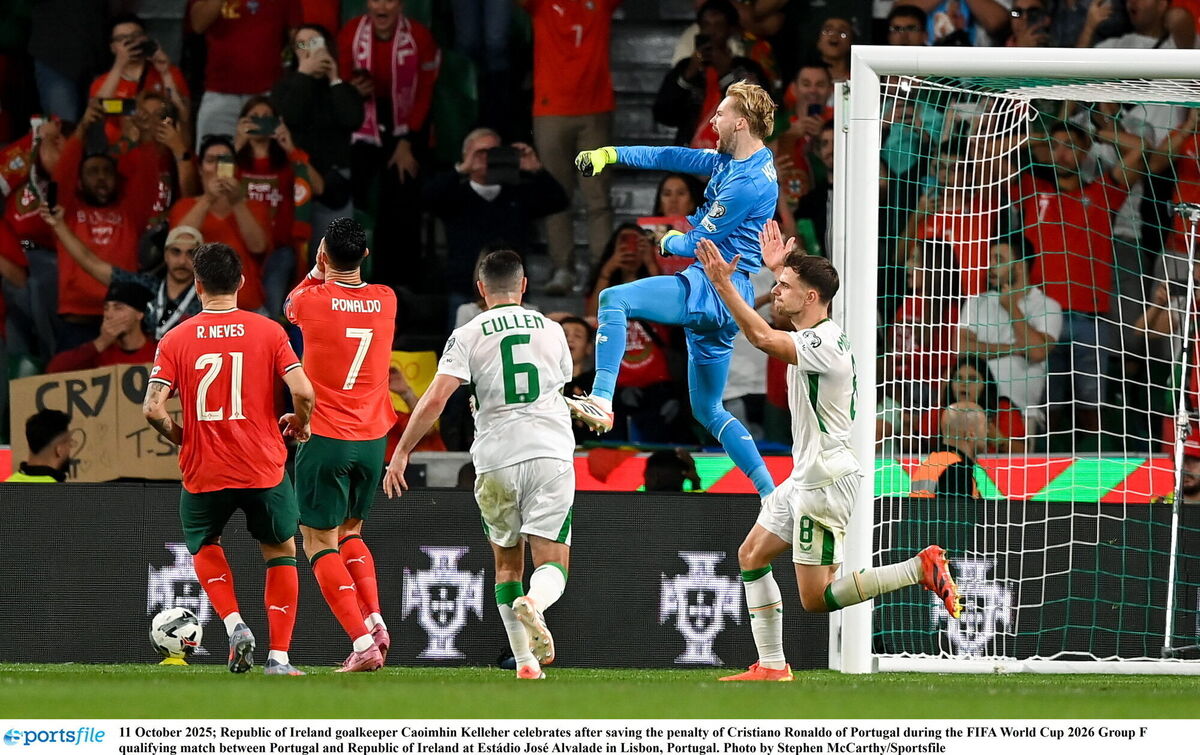 Republic of Ireland goalkeeper Caoimhin Kelleher celebrates after saving the penalty of Cristiano Ronaldo of Portugal during the FIFA World Cup 2026 Group F qualifying match between Portugal and Republic of Ireland at Estádio José Alvalade in Lisbon, Portugal. Photo by Stephen McCarthy/Sportsfile