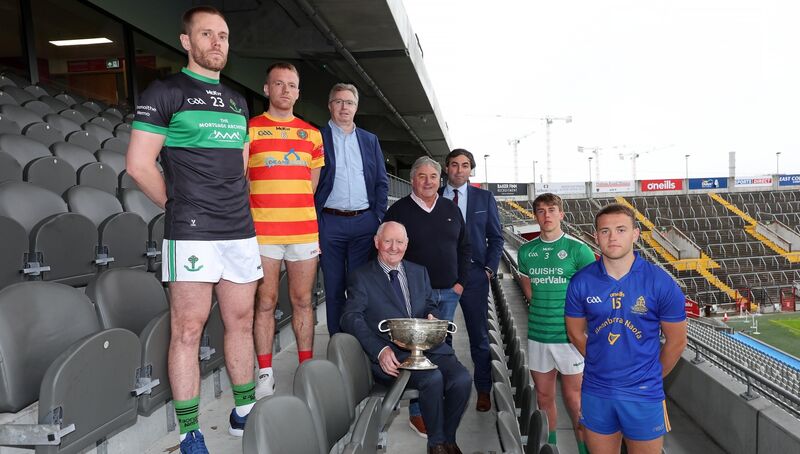 Brendan Harrington, McCarthy Insurance Group CEO, Pat Horgan, Chairperson Cork GAA, Charlie McCarthy, McCarthy Insurance Group Chairperson and CJ McCarthy, McCarthy Insurance Group Head of Marketing, with Alan O'Donovan, Nemo Rangers, Luke Meade, Newcestown, Liam O'Connell, Ballincollig and Steven Sherlock, St. Finbarr's. Pic: Jim Coughlan.