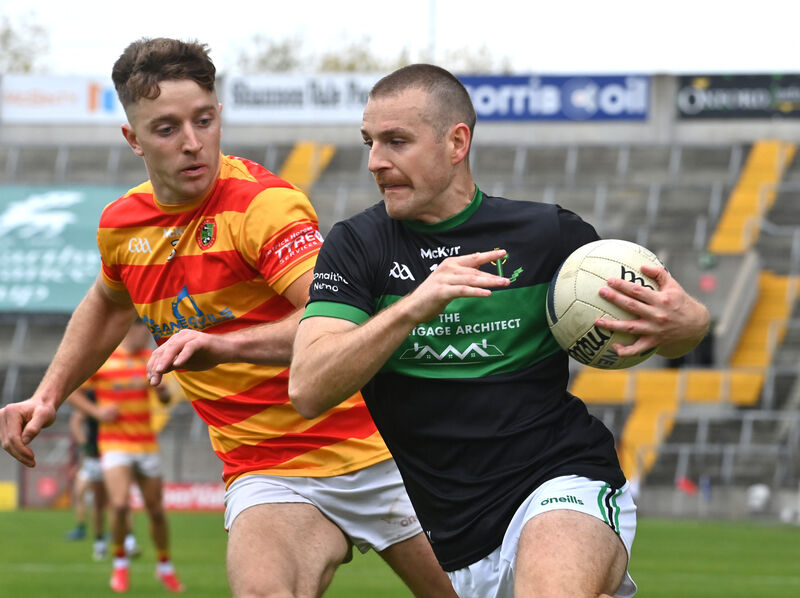  Conor Horgan, Nemo Rangers looking to break past Colm O'Donovan, Newcestown in their McCarthy Insurance Group Senior FC semi-final match at Páirc Uí Chaoimh. Pic: Dan Linehan